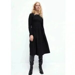 NWT Zara Black Fit and Flare Long Sleeve Midi Dress